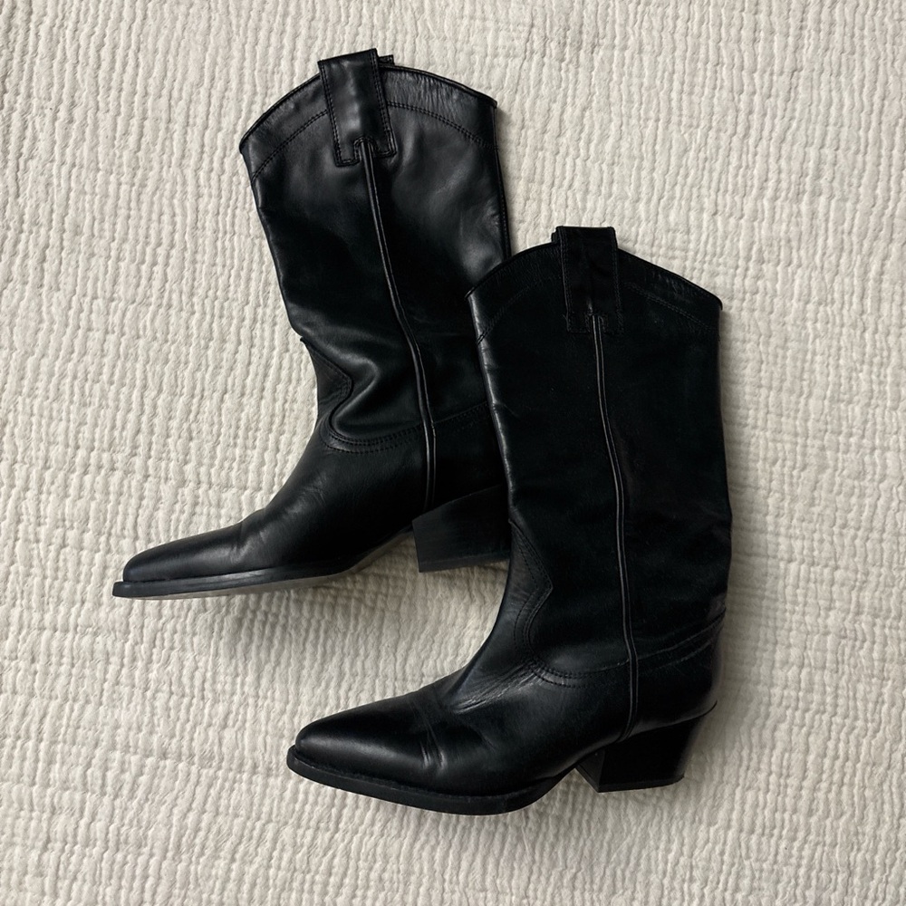 Zara y2k black leather pointed toe cowboy boots size EU 35 US 5 5.5